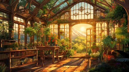 Fototapeta na wymiar A sunny greenhouse full of plants