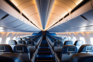 Empty wide-body airplane interior with blue seats, two aisles, and clean modern design