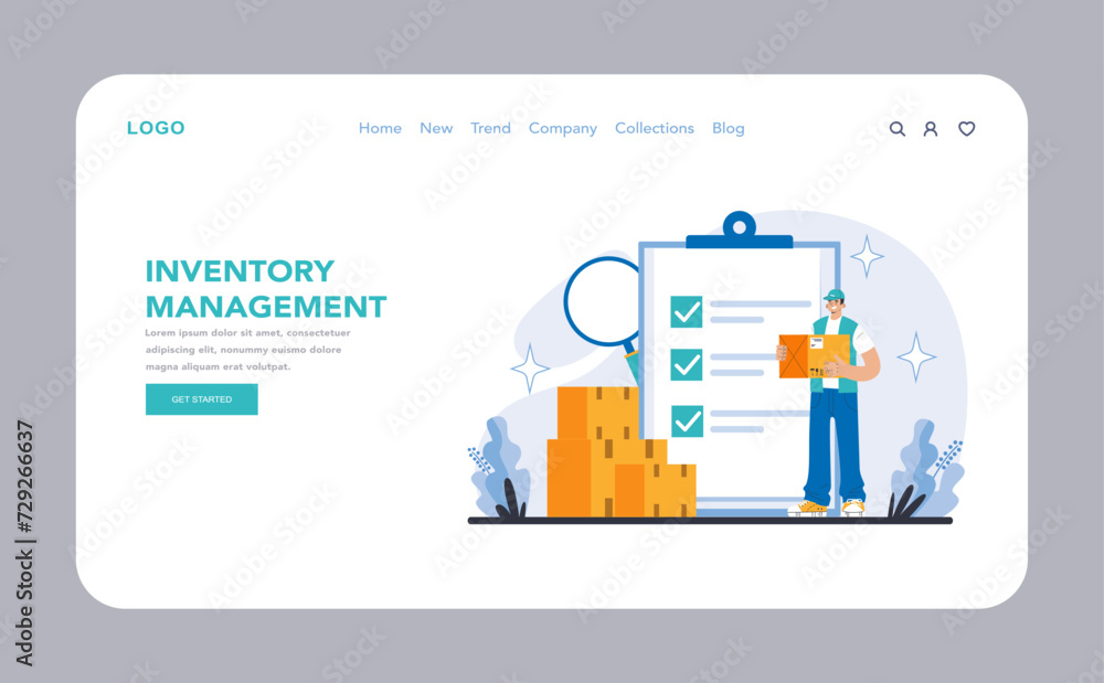 Poster inventory management web or landing page. illustrating meticulous inventory management and verificat