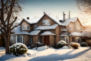 A family home in the suburbs on a sunny winter day. - obrazy, fototapety, plakaty
