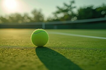 closeup of tennis ball laying on tennis court - obrazy, fototapety, plakaty