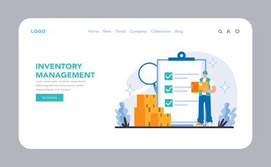 Inventory management web or landing page. Illustrating meticulous inventory management and verification. Organized stock taking and data accuracy. Showcasing systematic warehouse operations.