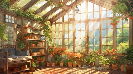 A sunny greenhouse full of plants