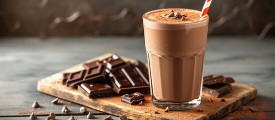 Brown wooden table top with chocolate milkshake against a grey background.