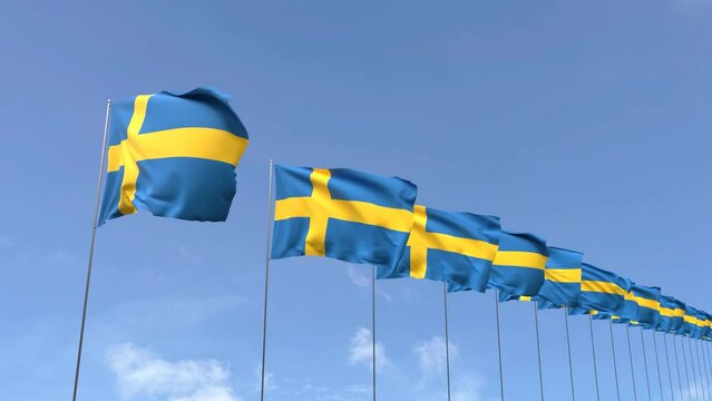 Looping video of Sweden flag Waving on blue sky background, Loop 3D Animation Sweden flag