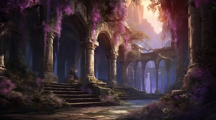 Ancient ruins adorned with wisteria vines