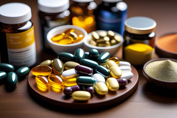 Colorful Pills and Capsules Spilled on Wooden Table.
