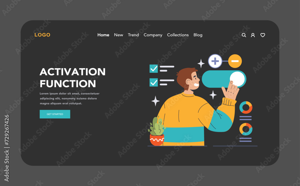 Poster activation function concept. enthusiastic man interacts with neural operations, selecting modes. mac