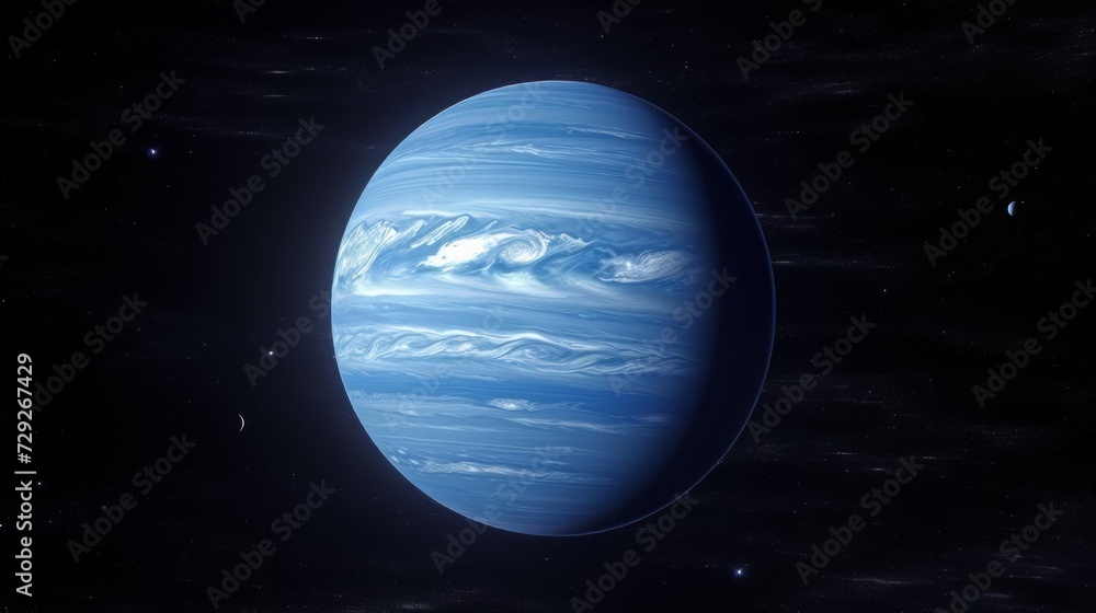 Poster Realistic portrayal of Neptune, focusing on its deep blue hue and atmospheric bands from a distant view Generative AI