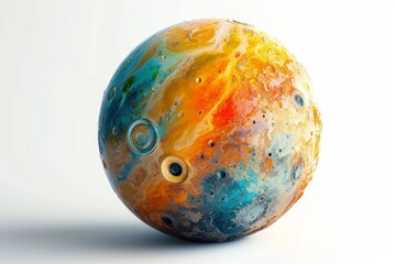 Realistic portrayal of Io, a volcanic moon of Jupiter, with its vivid surface colors and active volcanism against a bright white backdrop Generative AI