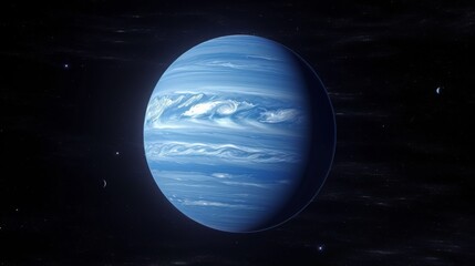 Realistic portrayal of Neptune, focusing on its deep blue hue and atmospheric bands from a distant view Generative AI