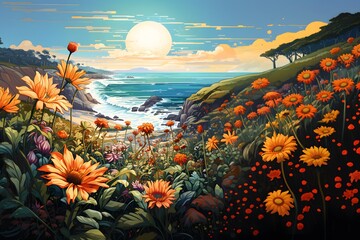 Modern illustration art of coastal flower super bloom, landscape with flowers, and sunset