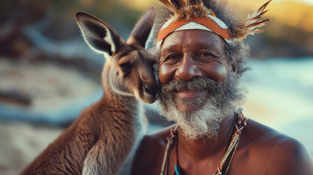 Australian aboriginal man hugging Kangaroo.
