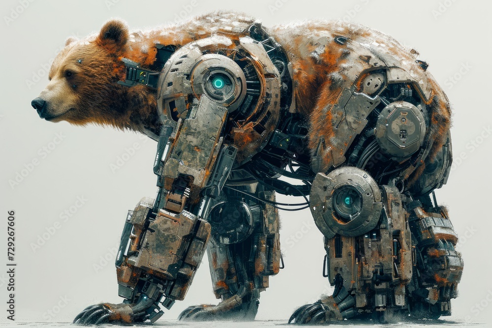 Poster Realistic portrayal of a bear with robotic limbs and cybernetic augmentations, depicted against a clean white setting Generative AI