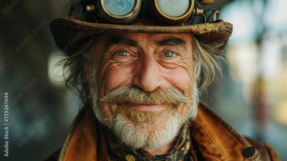 Poster Realistic portrayal of a middle-aged post-apocalyptic person, dressed in steampunk attire, smiling warmly with an optimistic outlook Generative AI