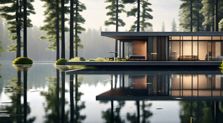 Fototapeta na wymiar Image of a quiet, modern home located next to a lake in a quiet forest. generative AI.