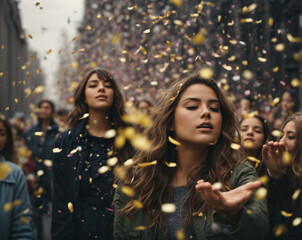 Group of young woman under sparkles rain. Celebrate the holiday. 