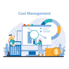 Cost Management concept. Strategic financial analysis for budget optimization. Cost reduction and resource allocation. Profit maximization focus. Flat vector illustration.