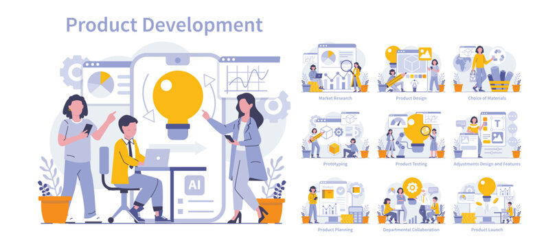Product development set. Stages from idea to market in detailed scenes. Teamwork in innovation, market analysis, design, material selection, and launch. Vector illustration.