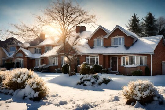 A Family Home In The Suburbs On A Sunny Winter Day.