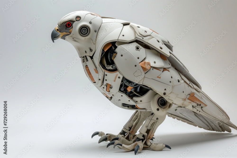 Aufkleber Realistic portrayal of a robotized falcon with robotic features and cybernetic modifications, displayed against a plain white backdrop Generative AI