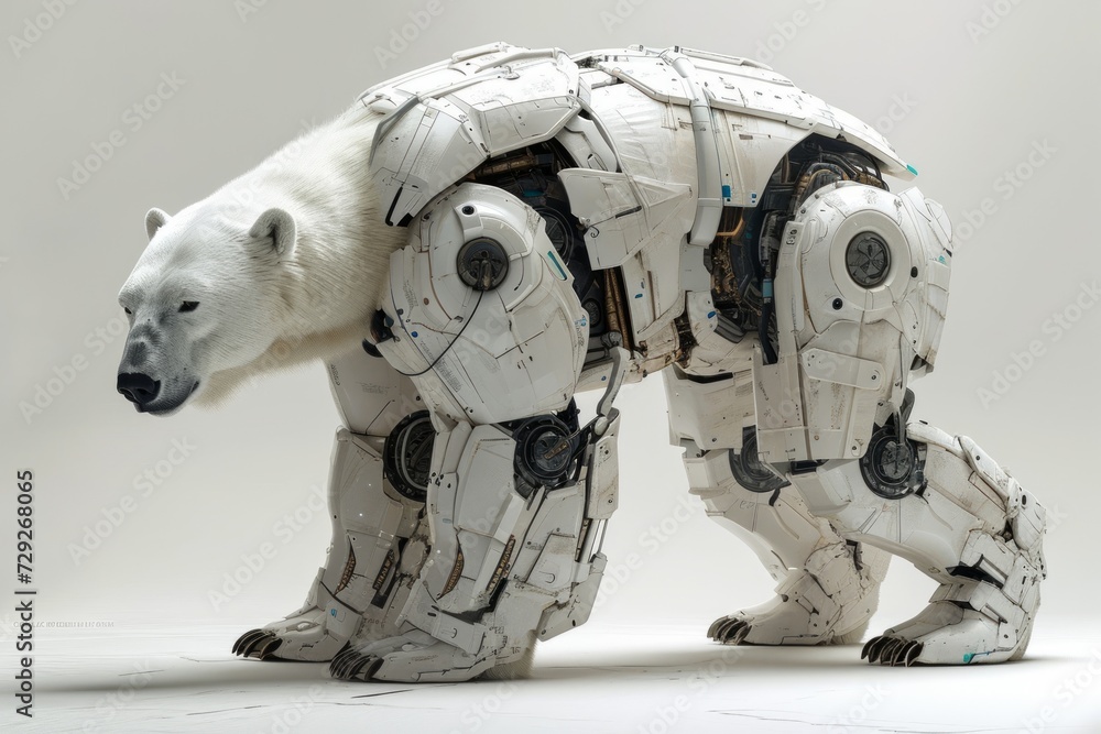 Poster Realistic portrayal of a robotized polar bear with robotic limbs and cybernetic features, set against a solid white backdrop Generative AI
