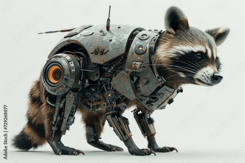 Poster Realistic portrayal of a robotized raccoon with robotic features and cybernetic modifications, depicted against a solid white backdrop Generative AI