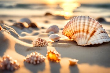 Seashell. Sunset, On Sandy Beach. Background Selective focus Soft