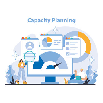 Capacity Planning concept. Analyzing personnel and production capabilities. Resource allocation for maximum efficiency. Forecasting future demands. Flat vector illustration.