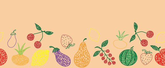Seamless pattern (border) with hand drawn watermelon, cherry, apple, pear, lemon, strawberry, eggplant, currant, onion on beige background in childrens naive style.