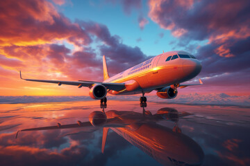 Obraz premium travel concept - commercial airplane landing on rainy runway at airport