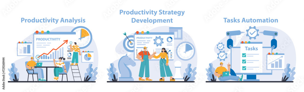 Poster productivity boosting set. visual guide to increasing efficiency. analyzing data, developing plans, 