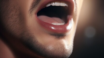 It shows a man saying something with his mouth open, with a close-up of his mouth.