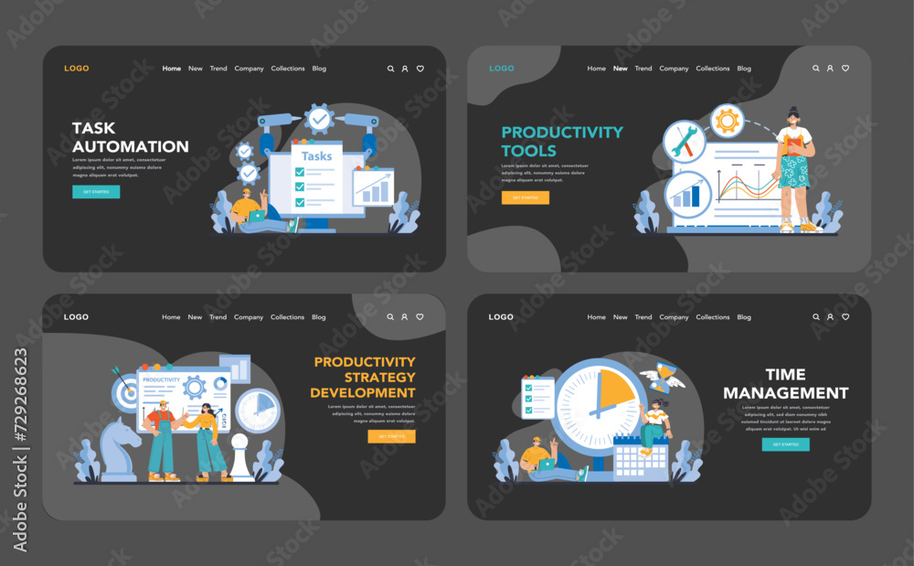 Poster productivity boosting night or dark mode web or landing page set. interfaces displaying task automat