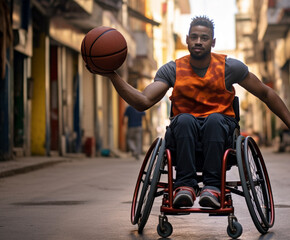 Fototapeta premium Disabled man in a wheelchair plays basketball on the street. Equal opportunity concept