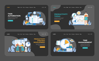 Productivity boosting night or dark mode web or landing page set. Interfaces displaying task automation, analytical tools, strategic development, and time management. Flat vector illustration.