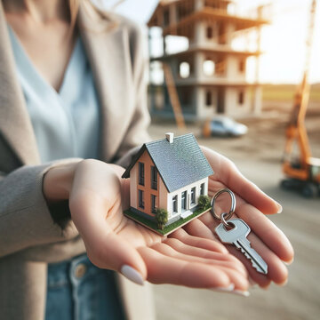 Real estate agent holding house model and keys on construction site background.