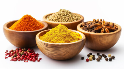 Vibrant ground turmeric in a white bowl, surrounded by assorted spices including red pepper flakes, mixed peppercorns, and star anise on a white surface. 