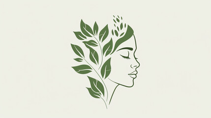 Logo, illustration of a woman's face, profile with green leaves, concept of eco products for women - obrazy, fototapety, plakaty
