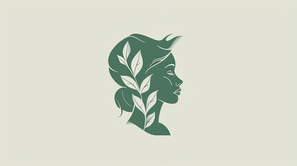 Logo, illustration of a woman's face, profile with green leaves, concept of eco products for women