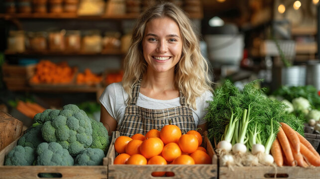 Fresh produce stand with happy female vendor Generative AI image