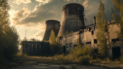 Remnants of Chernobyl's cooling towers, broken structures, overgrown with nature, moody atmospheric tones, realistic depiction Generative AI