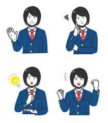 ブレザー制服を着た女子学生の上半身イラスト4種セット