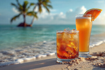 Tropical beach refreshment with two summer cocktails Generative AI image