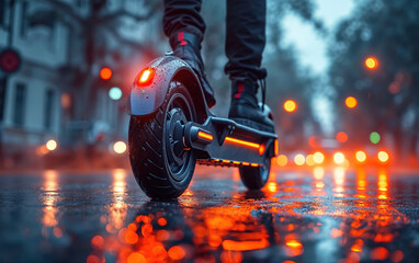 Electric scooter ride on a rainy city street at night Generative AI image