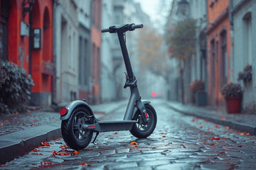 Electric scooter on a cobblestone street in autumn Generative AI image
