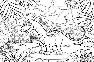 Sauropelta Dinosaur Black White Linear Doodles Line Art Coloring Page, Kids Coloring Book