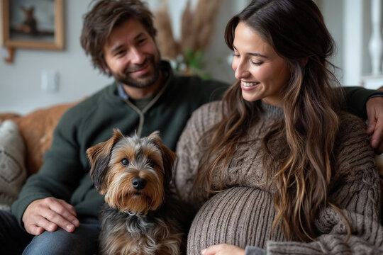 Expecting couple sharing a moment with their dog Generative AI image