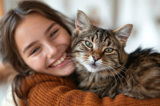 Cheerful girl cuddling with her tabby cat Generative AI image