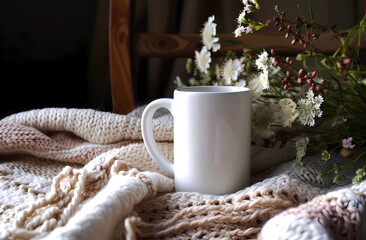 Rustic Elegance: Blank White Mug Mockup with Leaves & Flowers 